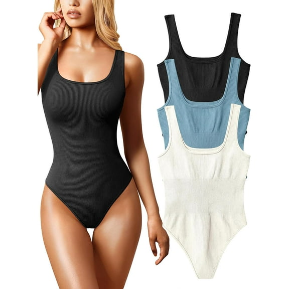 Women's 3 Piece Bodysuits Sexy Ribbed Sleeveless Square Neck Sleeveless Tank Tops Bodysuits