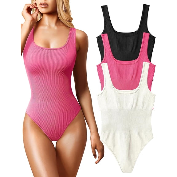 Women's 3 Piece Bodysuits Sexy Ribbed Sleeveless Square Neck Sleeveless Tank Tops Bodysuits