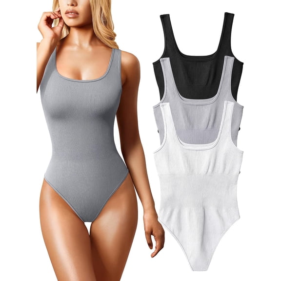 Women's 3 Piece Bodysuits Sexy Ribbed Sleeveless Square Neck Sleeveless Tank Tops Bodysuits