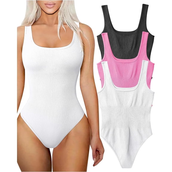 Women's 3 Piece Bodysuits Sexy Ribbed Square Neck Sleeveless Tank Tops Bodysuits
