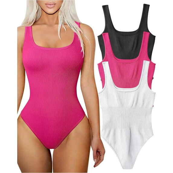 Women's 3 Piece Bodysuits Sexy Ribbed Square Neck Sleeveless Tank Tops Bodysuits