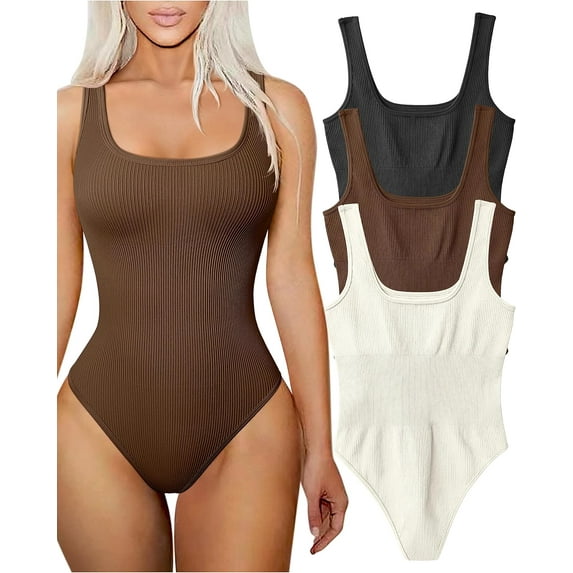Women's 3 Piece Bodysuits Sexy Ribbed Square Neck Sleeveless Tank Tops Bodysuits