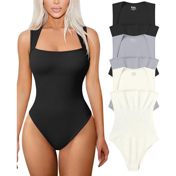 Women's 3 Piece Bodysuits Sexy Ribbed Strappy Square Neck Sleeveless Shapewear Bodysuits
