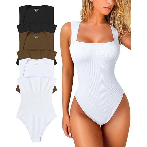 Women's 3 Piece Bodysuits Sexy Ribbed Strappy Square Neck Sleeveless Tummy Control Tank Tops Bodysuits