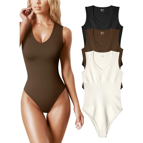 Women's 3 Piece Bodysuits Sexy Ribbed V Neck Sleeveless Tank Tops Bodysuits