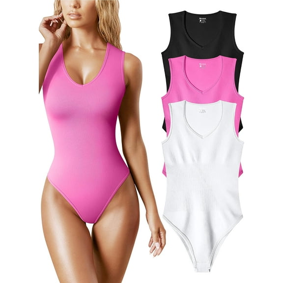 Women's 3 Piece Bodysuits Sexy Ribbed V Neck Sleeveless Tank Tops Bodysuits