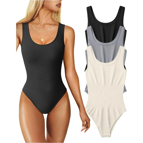 Women's 3 Piece Bodysuits Sexy Sleeveless Round Neck Shapewear Tank Tops Bodysuits