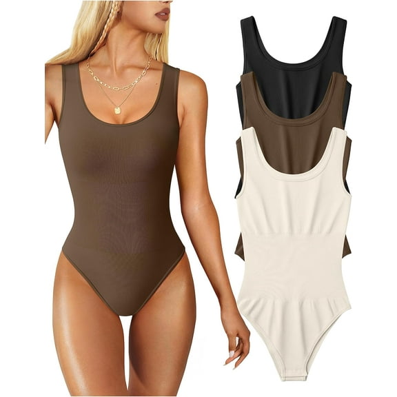 Women's 3 Piece Bodysuits Sexy Sleeveless Round Neck Shapewear Tank Tops Bodysuits