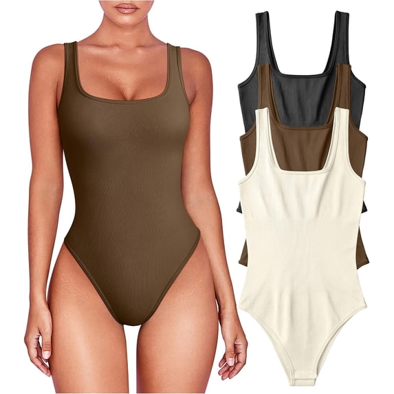 Women's 3 Piece Bodysuits Sexy Sleeveless Square Neck Shapewear Tank Tops Bodysuits
