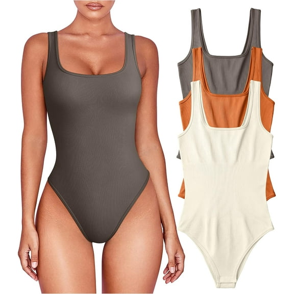 Women's 3 Piece Bodysuits Sexy Sleeveless Square Neck Shapewear Tank Tops Bodysuits