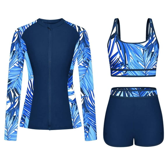Women's 3 Piece Bohemian Print Rash Guard Long Sleeve Swimsuits Zip Up UPF 50+ Built in Bra Swim Shirts with Boyshorts Quick Dry