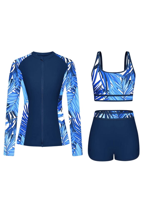 Women's 3 Piece Bohemian Print Rash Guard Long Sleeve Swimsuits Zip Up UPF 50+ Built in Bra Swim Shirts with Boyshorts Quick Dry