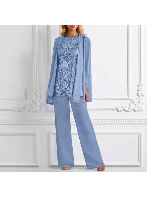 Women's 3-Piece Chiffon Lace Pant Suit, Elegant Floral Embroidered Wedding Guest Outfit, Sheer Long Sleeve Open Cardigan with Tank Top & Wide Leg Trousers, Plus Size Formal Set Sizes S-XXXL
