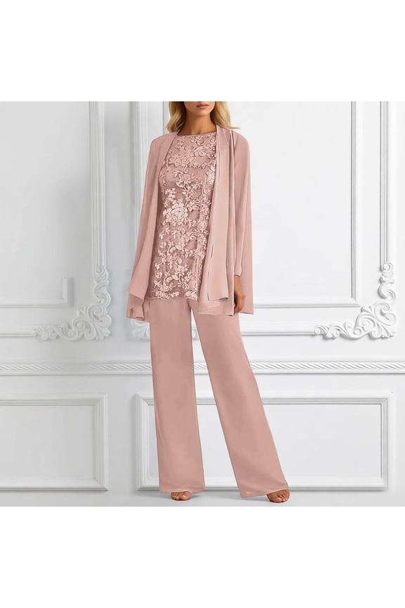 Women's 3-Piece Chiffon Lace Pant Suit, Elegant Floral Embroidered Wedding Guest Outfit, Sheer Long Sleeve Open Cardigan with Tank Top & Wide Leg Trousers, Plus Size Formal Set Sizes S-XXXL