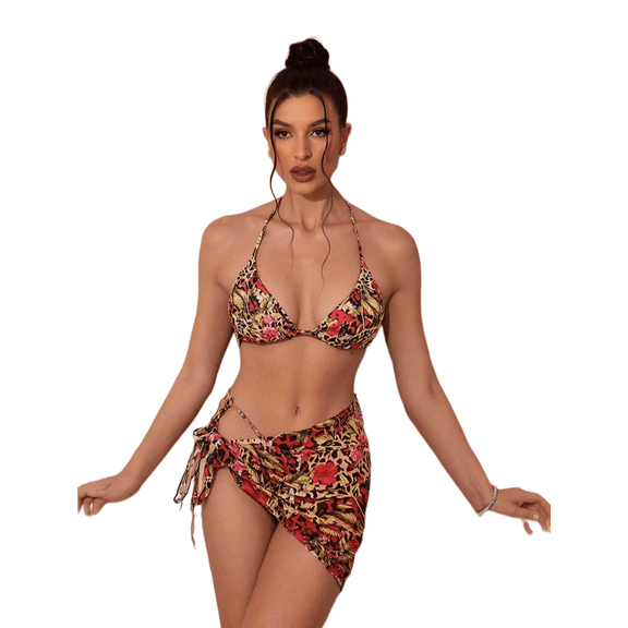 Women’s 3 Piece Colorful Leopard Floral Bikini Swim Set, Self-Tie Halter Triangle Padded Bikini Top, Side Drawstring High Cut Cheeky Bikini Bottoms & Matching Asymmetric Wrap Sarong Cover Skirt, Trop