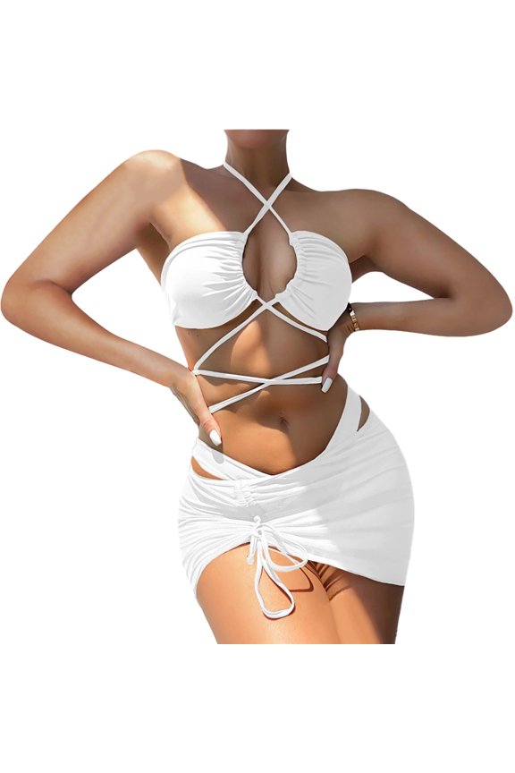 Women's 3 Piece Criss Cross Halter Bikini Set Sexy Cutout Wrap Strappy Swimsuit with Drawstring Mesh Beach Cover Up Skirt White M