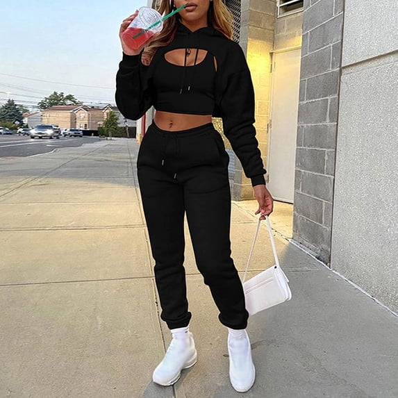 Women's 3-Piece Cropped Hoodie Set - Long Sleeve Cropped Cutout Hoodie with Tank Tops Drawstring High Waist Jogger Pants Casual Streetwear Tracksuit Black XL