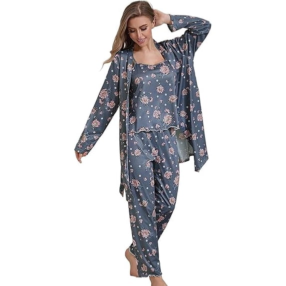 Women's 3 Piece Floral Print Pajama Set with Robe - Soft Polyester All Seasons Loungewear for Ladies