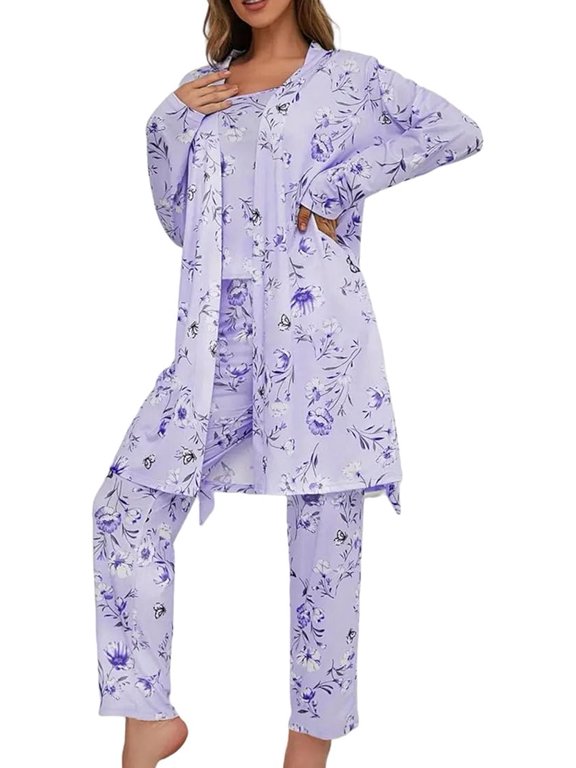Women's 3 Piece Floral Print Pajama Set with Robe - Soft Polyester All Seasons Loungewear for Ladies