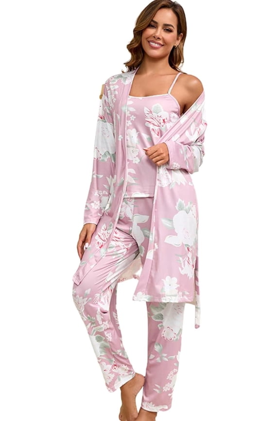 Women's 3 Piece Floral Print Pajama Set with Robe - Soft Polyester All Seasons Loungewear for Ladies