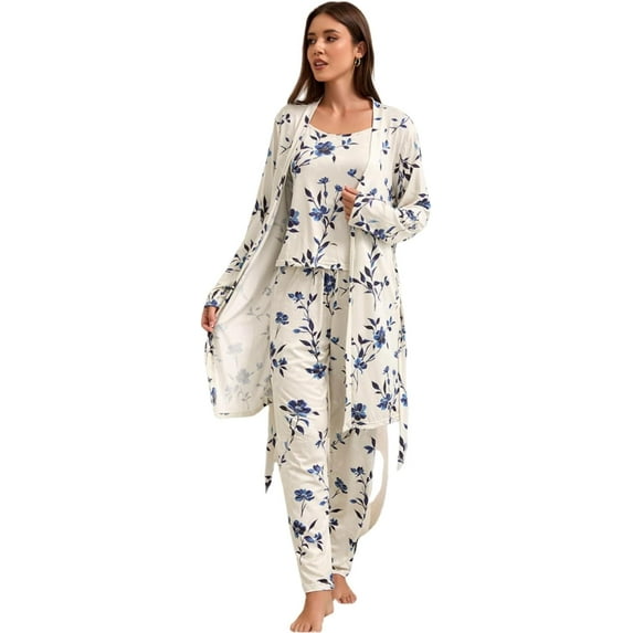 Women's 3 Piece Floral Print Pajama Set with Robe - Soft Polyester All Seasons Loungewear for Ladies