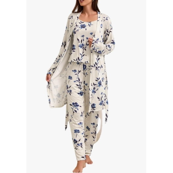 Women's 3 Piece Floral Print Pajama Set with Robe - Soft Polyester All Seasons Loungewear for Ladies