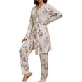 thumbnail image 1 of Women's 3 Piece Floral Print Pajama Set with Robe - Soft Polyester All Seasons Loungewear for Ladies, 1 of 9