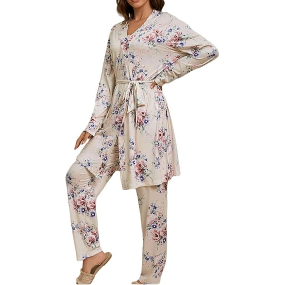 Women's 3 Piece Floral Print Pajama Set with Robe - Soft Polyester All Seasons Loungewear for Ladies