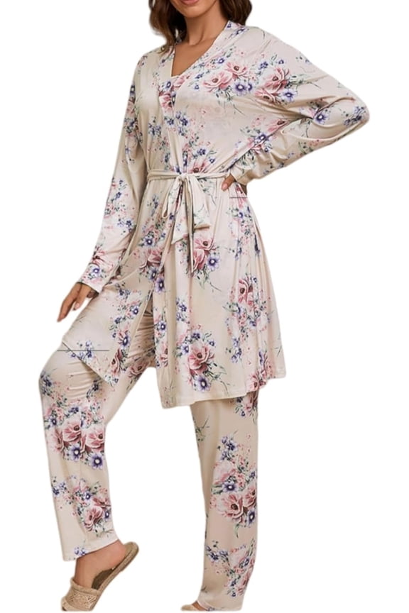 Women's 3 Piece Floral Print Pajama Set with Robe - Soft Polyester All Seasons Loungewear for Ladies