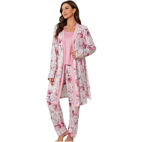 Women's 3 Piece Floral Print Pajama Set with Robe - Soft Polyester All Seasons Loungewear for Ladies