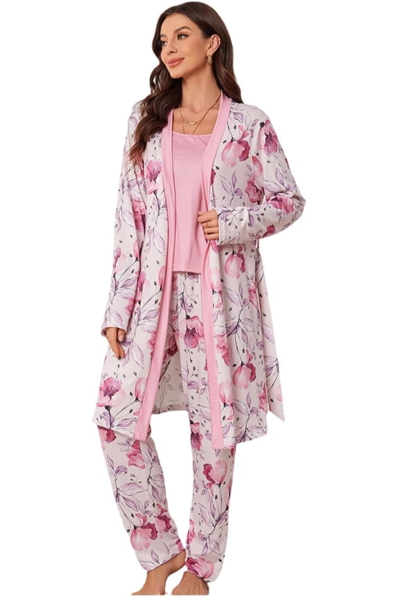 Women's 3 Piece Floral Print Pajama Set with Robe - Soft Polyester All Seasons Loungewear for Ladies