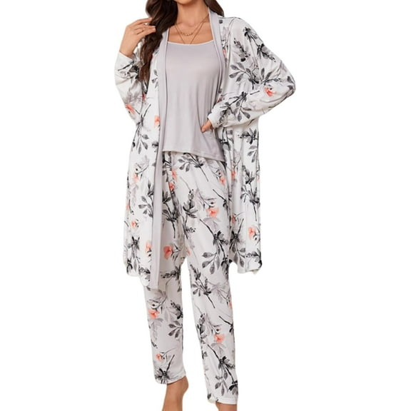 Women's 3 Piece Floral Print Pajama Set with Robe - Soft Polyester All Seasons Loungewear for Ladies
