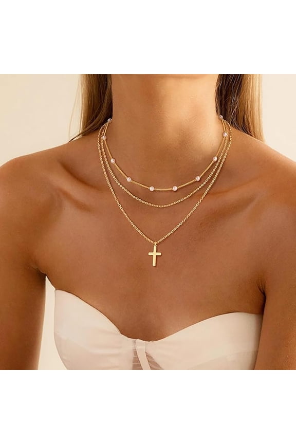 Women's 3-Piece Gold Pearl Cross Satellite Chain Layered Necklace Fashion Jewelry Gift Set