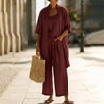 thumbnail image 1 of Women's 3 Piece Linen Set, Long Cardigan with Spaghetti Strap Top and Wide Leg Pants, Comfortable Vacation Outfit for Summer, Beach, and Casual Boho Style-Wine, 1 of 8