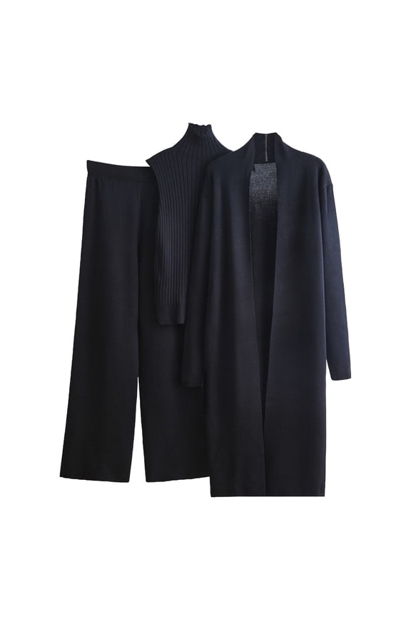 Women's 3 Piece Lounge Set Long Sleeve Cardigan Knit High Neck Vest with Pants Fall Outfits Black Free Size