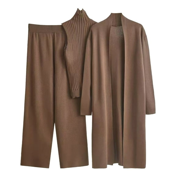 Women's 3 Piece Lounge Set Long Sleeve Cardigan Knit High Neck Vest with Pants Fall Outfits Coffee Free Size