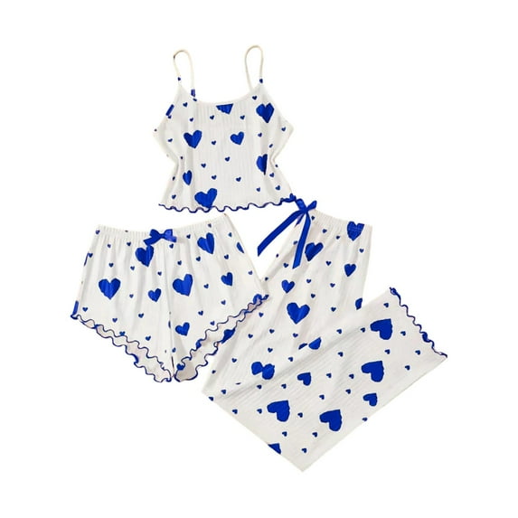 Women's 3 Piece Lounge Sets Short Sleeve Cardigan Tank Cropped Top Soft Short Comfy Pajamas Set Vacation Clothes Sweatsuits Navy M