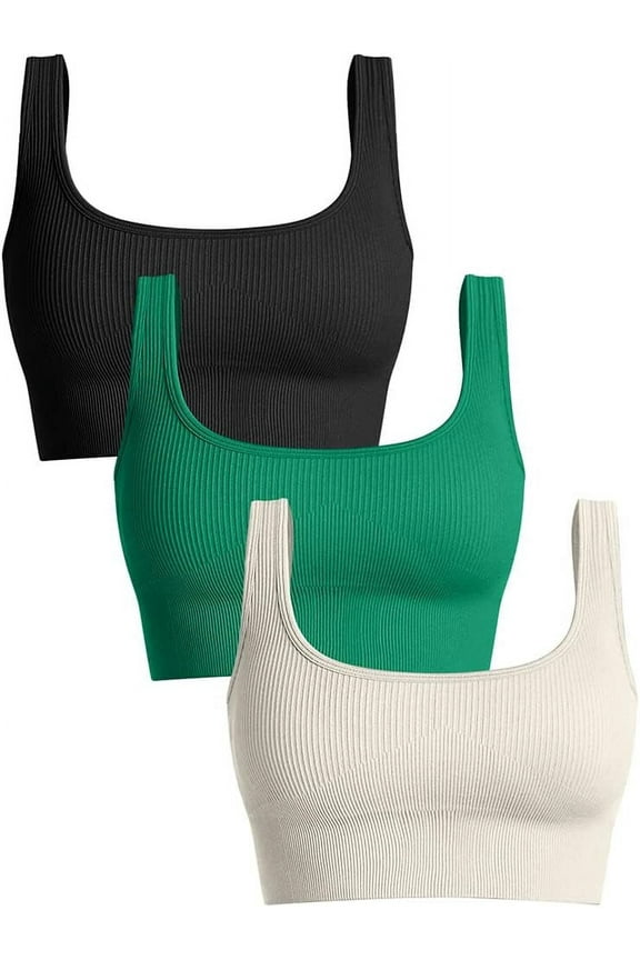 Women's 3 Piece Medium Support Tank Top Ribbed Seamless Removable Cups Workout Exercise Sport Bra