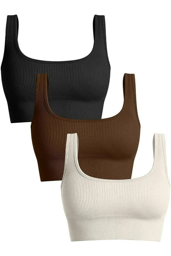 Women's 3 Piece Medium Support Tank Top Ribbed Seamless Removable Cups Workout Exercise Sport Bra
