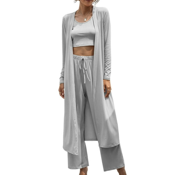 Women's 3 Piece Outfit Sets Rib Crop Top Cardigan and Bodycon Long Pants Jumpsuit Romper Set
