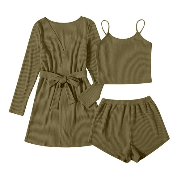 Women's 3 Piece Outfits Cami Top & Shorts Lounge Sleepwear Ribbed Pajama PJs Set with Robe