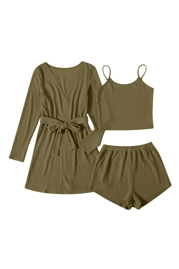 Women's 3 Piece Outfits Cami Top & Shorts Lounge Sleepwear Ribbed Pajama PJs Set with Robe