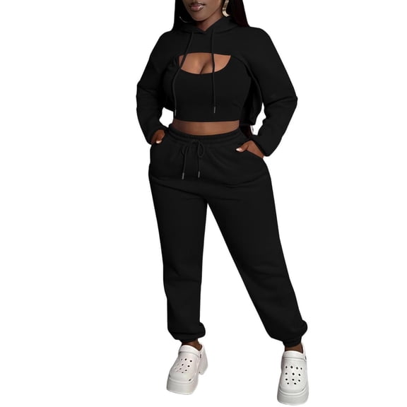 Women's 3 Piece Outfits Fleece Lined Super Crop Hoodie Tank Top and Drawstring Jogger Sweatpants Tracksuit Set S-2XL
