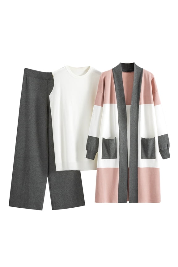 Women's 3 Piece Outfits Knit Matching Lounge Sets Long Sleeve Cardigans & Neck Sweater Vest & Wide Leg Pants