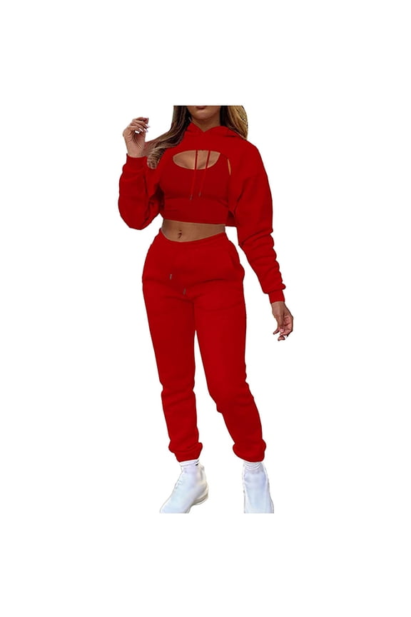 Women's 3 Piece Outfits Tracksuits Long Sleeve Pullover Crop Top Hoodie +Tank Top+Drawstring Long Pants Sweatsuit