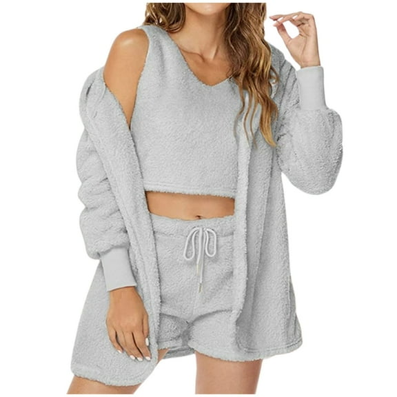 Women's 3-Piece Pajama Set - Flannel Hooded Coat, Waistcoat & Shorts, Soft Warm Sleepwear, S-XXXL Sizes, Winter Loungewear