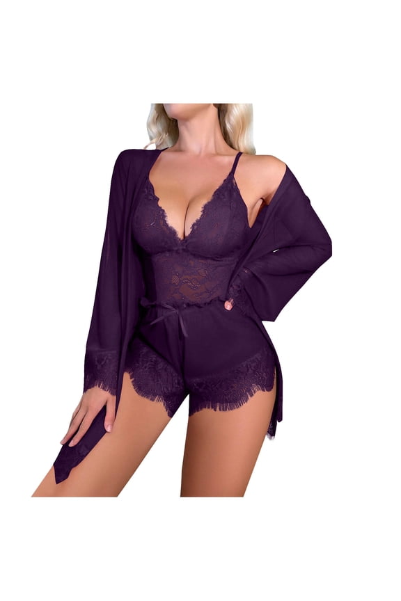 Women's 3 Piece Pajama Set Satin Lace Cami Top and Shorts with Long Sleeve Robe Pjs Outfits Sexy Mesh Nightgown Sets