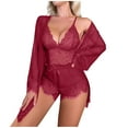 thumbnail image 1 of Women's 3 Piece Pajama Set Satin Lace Cami Top and Shorts with Long Sleeve Robe Pjs Outfits Sexy Mesh Nightgown Sets, 1 of 4
