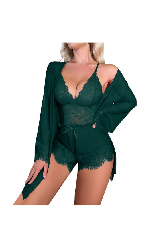 Women's 3 Piece Pajama Set Satin Lace Cami Top and Shorts with Long Sleeve Robe Pjs Outfits Sexy Mesh Nightgown Sets