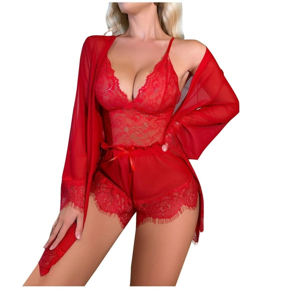 Women's 3 Piece Pajama Set Satin Lace Cami Top and Shorts with Long Sleeve Robe Pjs Outfits Sexy Mesh Nightgown Sets